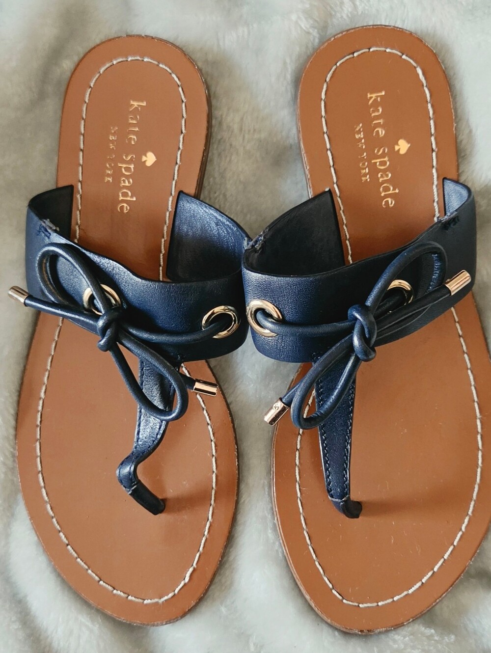kate spade Navy Leather Knot Thong Sandals with Gold Accents